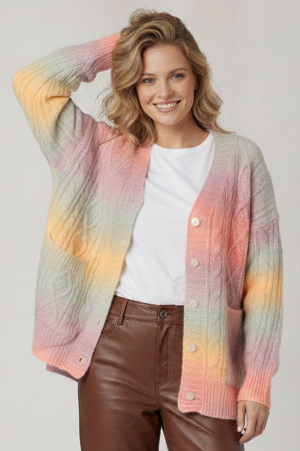 Pink | Striped Cable Knit Relaxed Cardigan