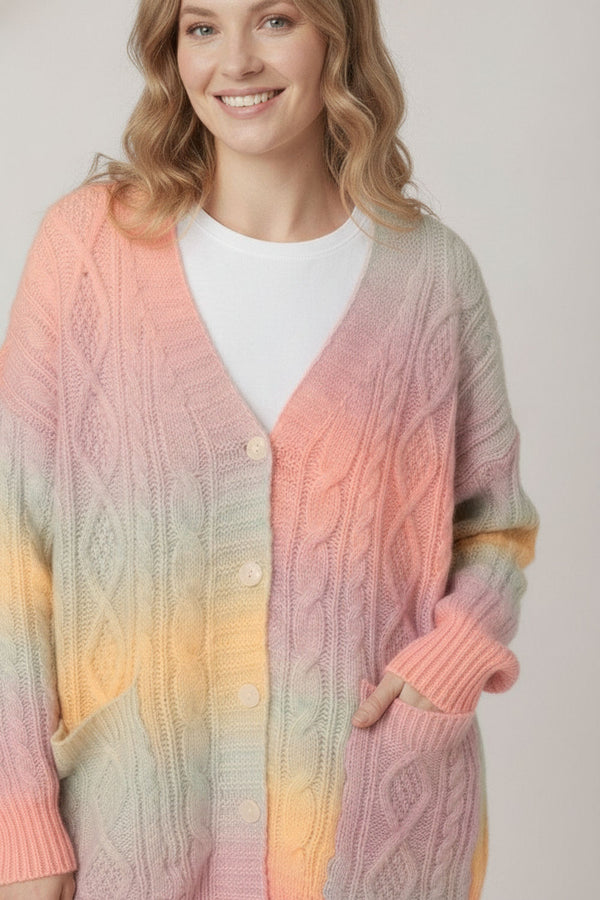 Pink | Striped Cable Knit Relaxed Cardigan