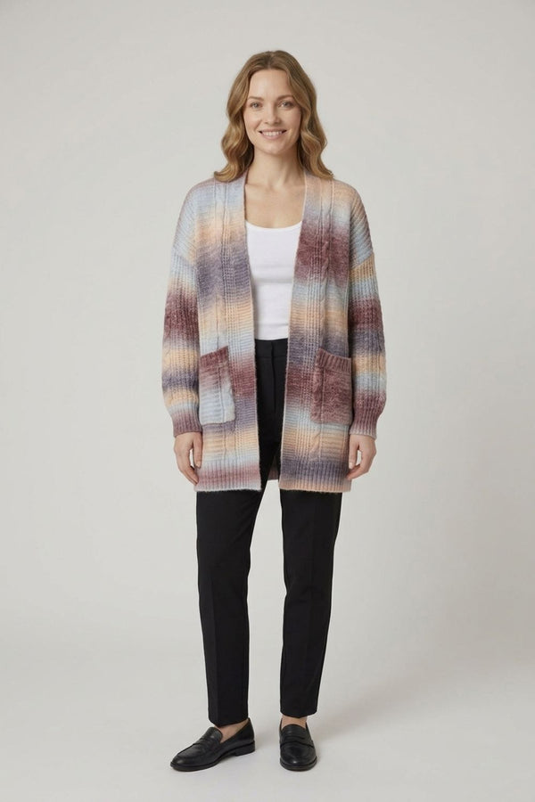 Brown | Striped Open Front Longline Cardigan