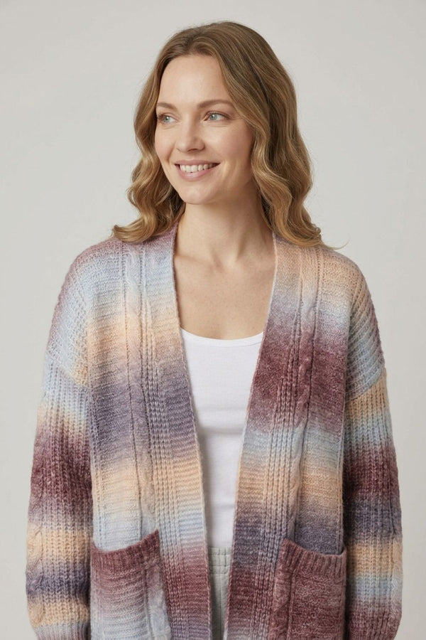 Brown | Striped Open Front Longline Cardigan