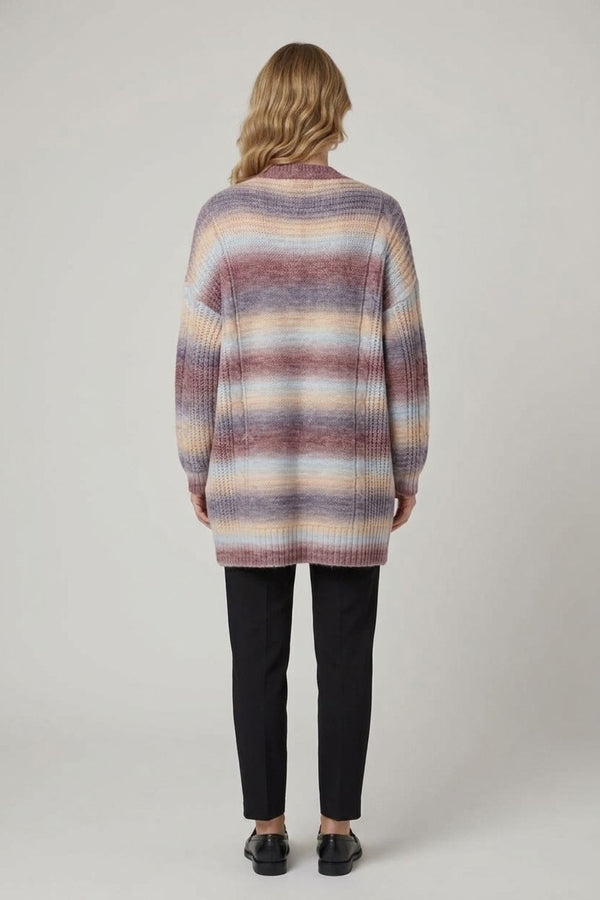 Brown | Striped Open Front Longline Cardigan