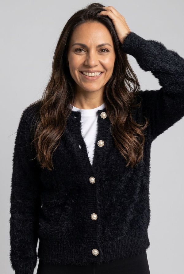 Black | Textured Pearl Button Detail Cardigan