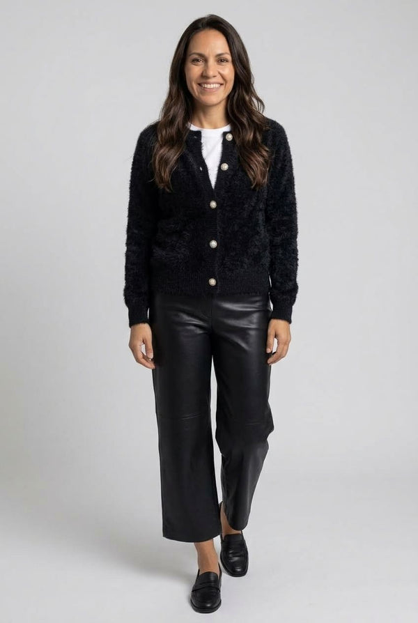 Black | Textured Pearl Button Detail Cardigan