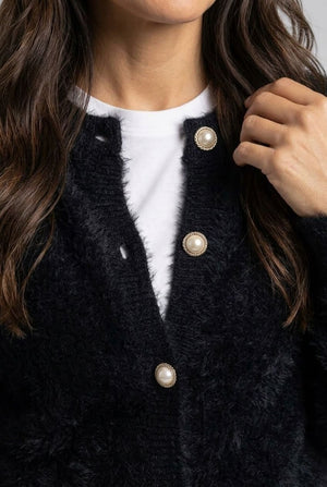 Black | Textured Pearl Button Detail Cardigan