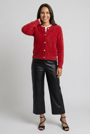 Red | Textured Pearl Button Detail Cardigan : Model is 5'7