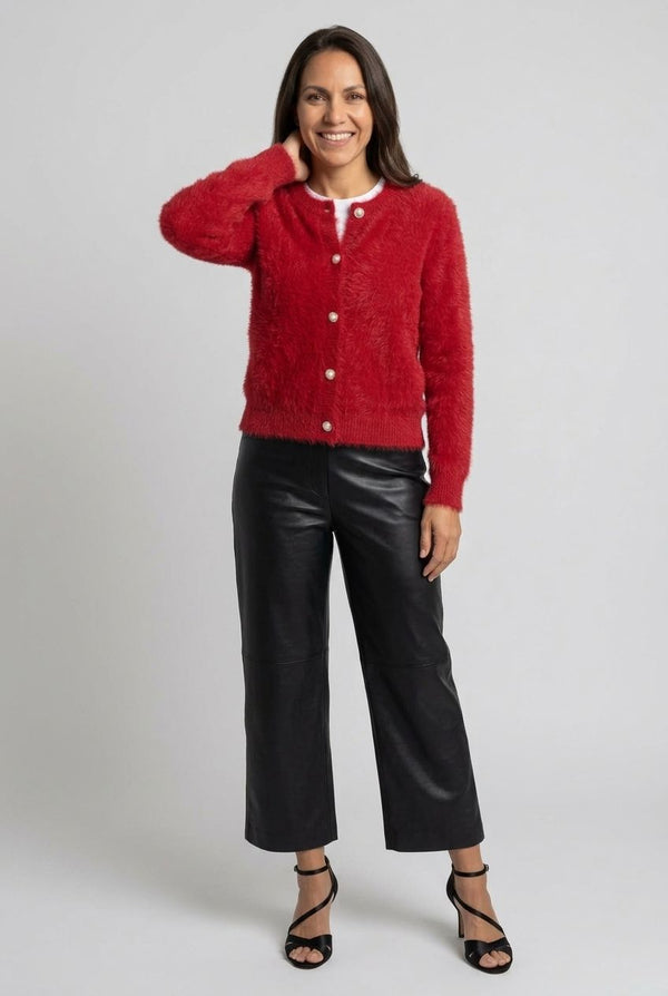Red | Textured Pearl Button Detail Cardigan