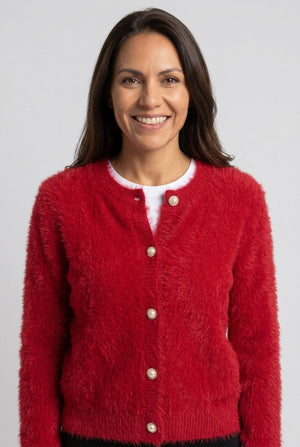 Red | Textured Pearl Button Detail Cardigan