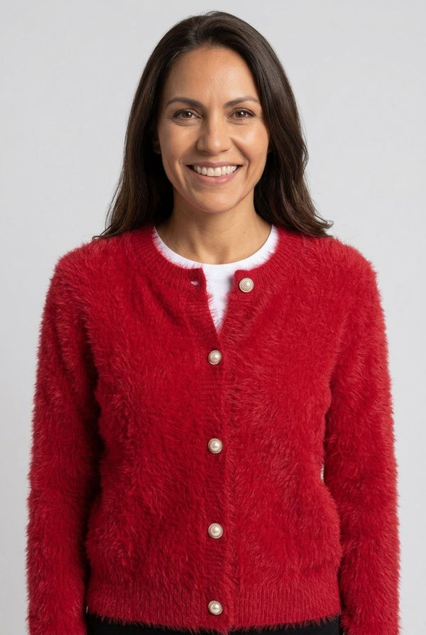 Red | Textured Pearl Button Detail Cardigan
