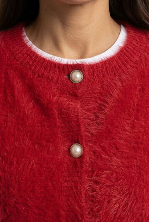 Red | Textured Pearl Button Detail Cardigan