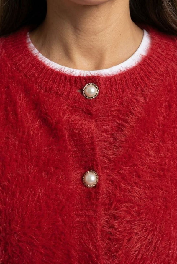Red | Textured Pearl Button Detail Cardigan
