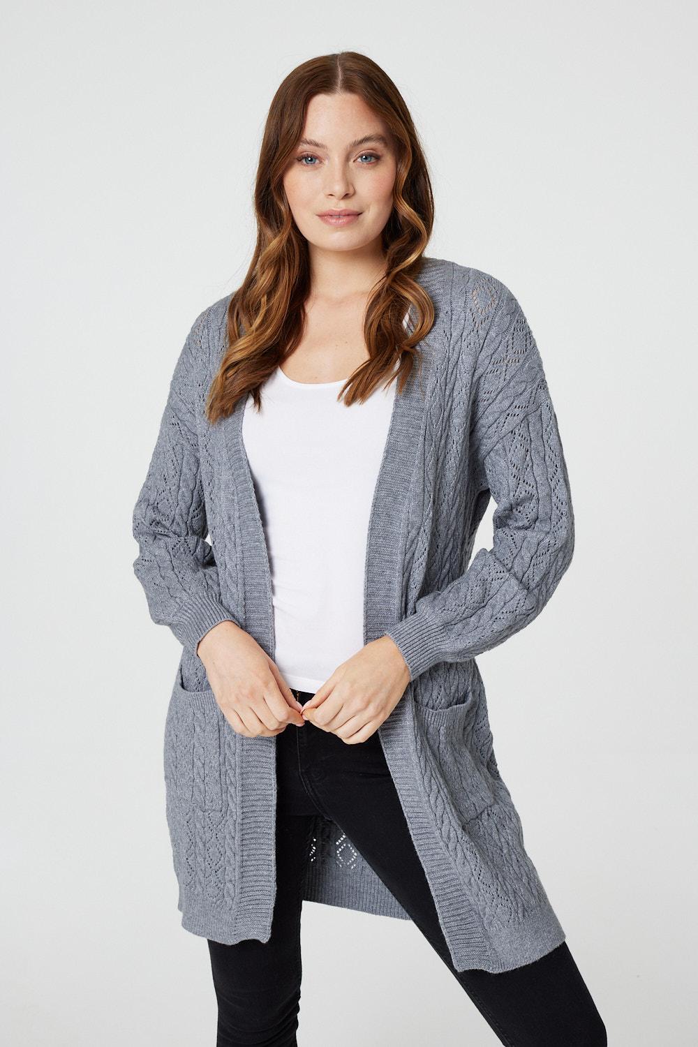 Dark Grey | Pointelle Open Front Knit Cardigan