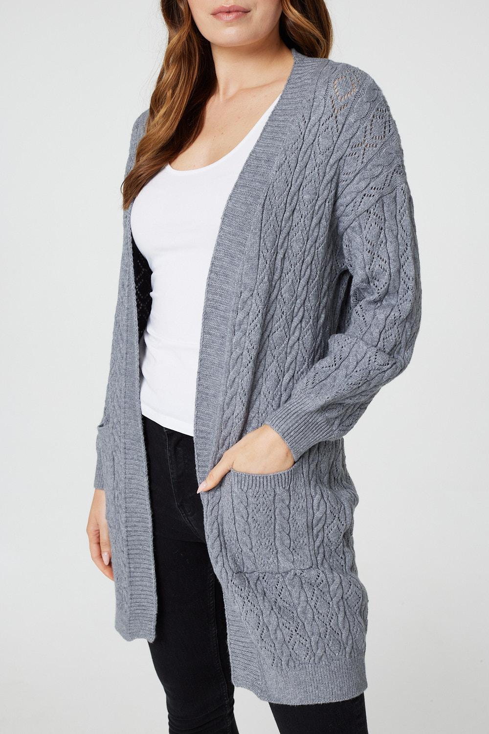 Dark Grey | Pointelle Open Front Knit Cardigan