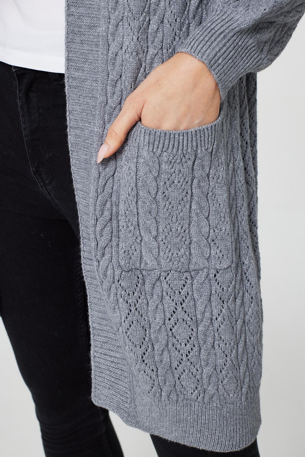 Dark Grey | Pointelle Open Front Knit Cardigan