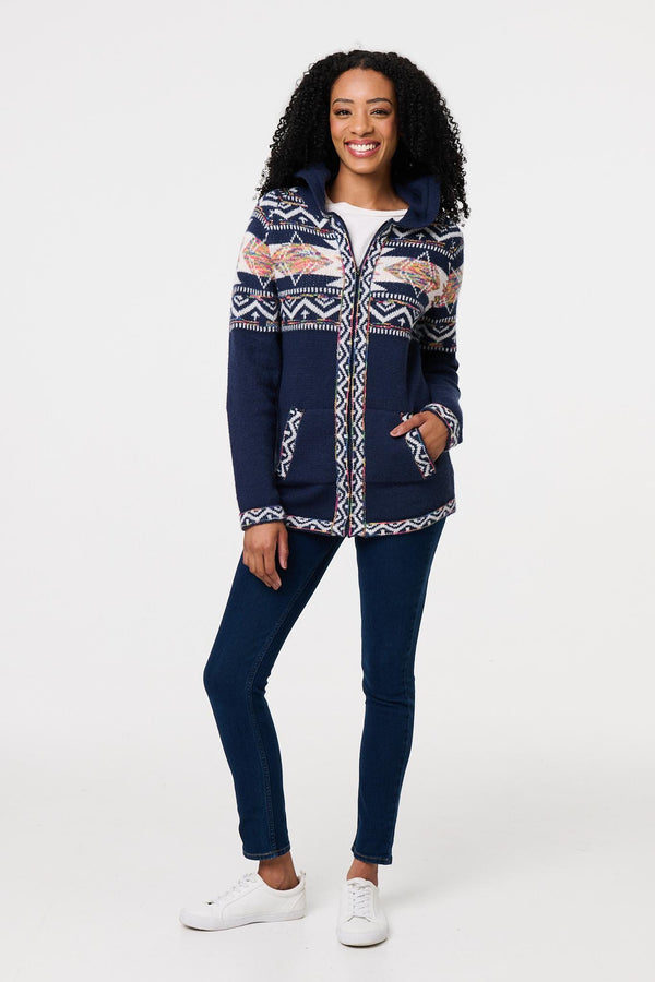 Navy | Nordic Print Zip Front Cardigan
