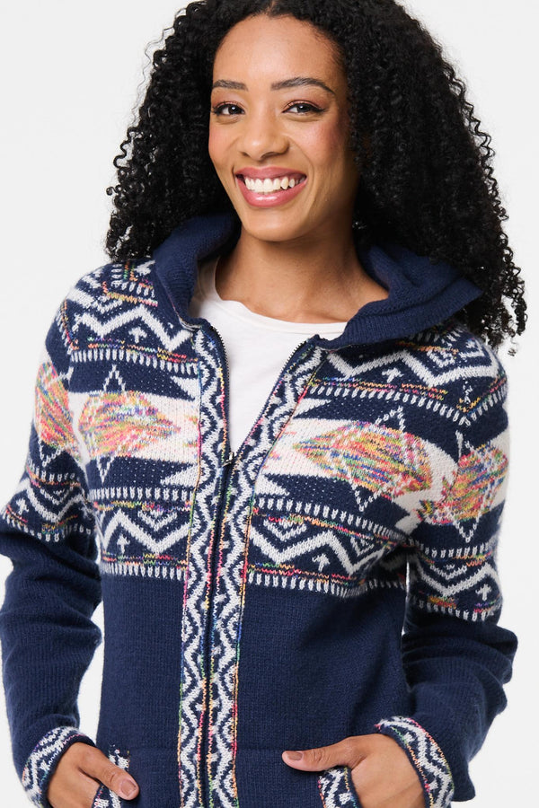 Navy | Nordic Print Zip Front Cardigan
