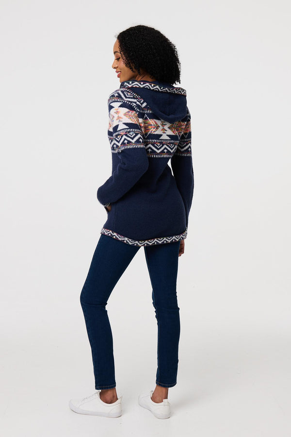 Navy | Nordic Print Zip Front Cardigan
