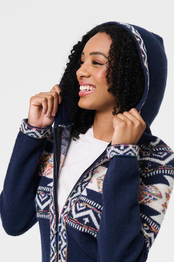 Navy | Nordic Print Zip Front Cardigan
