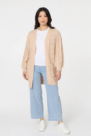 Beige | Longline Cable Knit Texture Cardigan

