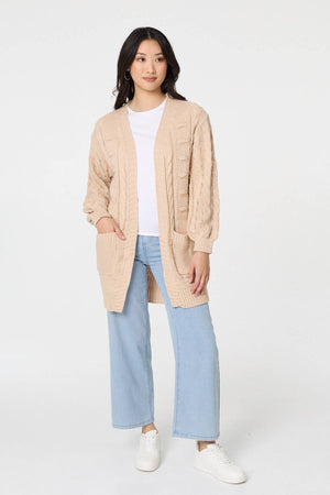 Beige | Longline Cable Knit Texture Cardigan
