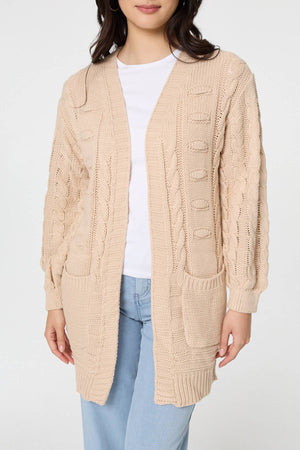 Beige | Longline Cable Knit Texture Cardigan
