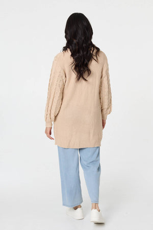 Beige | Longline Cable Knit Texture Cardigan
