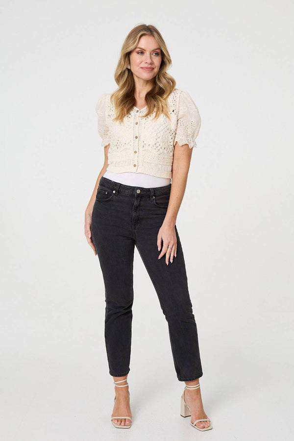 Cream | Crochet Mesh Short Sleeve Crop Cardigan
