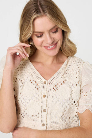 Cream | Crochet Mesh Short Sleeve Crop Cardigan

