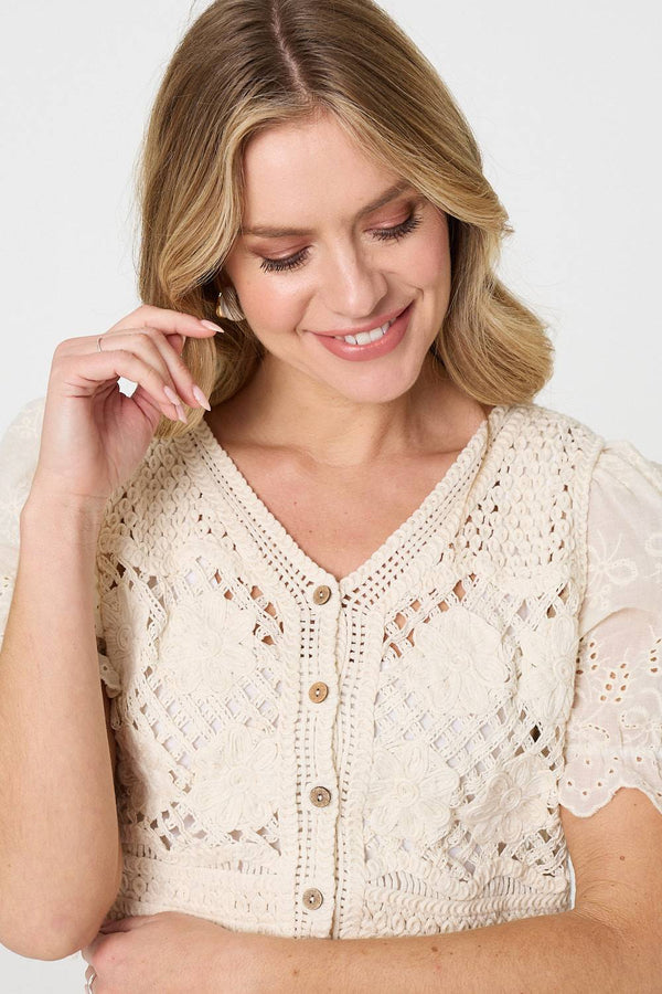 Cream | Crochet Mesh Short Sleeve Crop Cardigan
