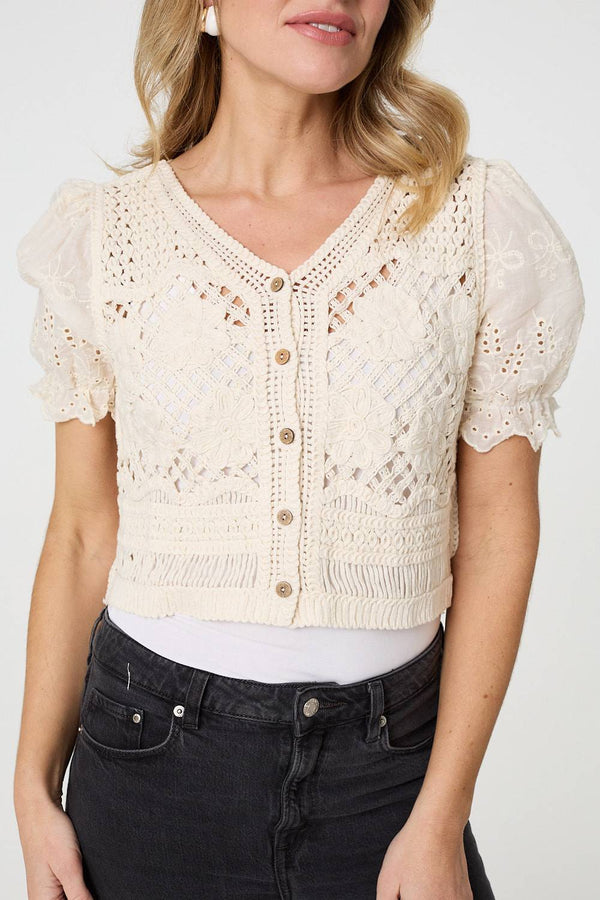 Cream | Crochet Mesh Short Sleeve Crop Cardigan
