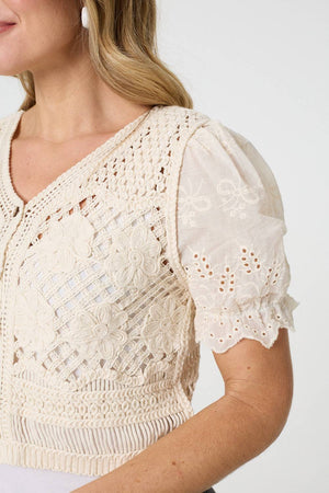 Cream | Crochet Mesh Short Sleeve Crop Cardigan

