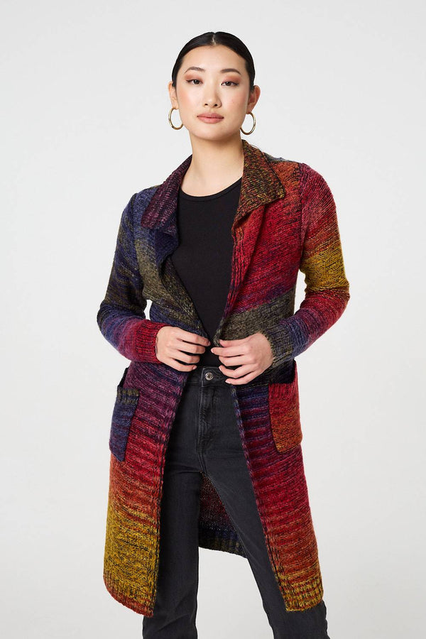 Green | Rainbow Print Longline Knit Cardigan
