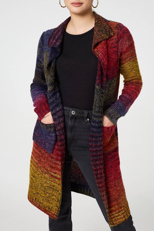 Green | Rainbow Print Longline Knit Cardigan
