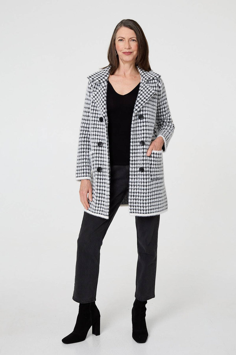 Check Button Front Longline Knit Coat