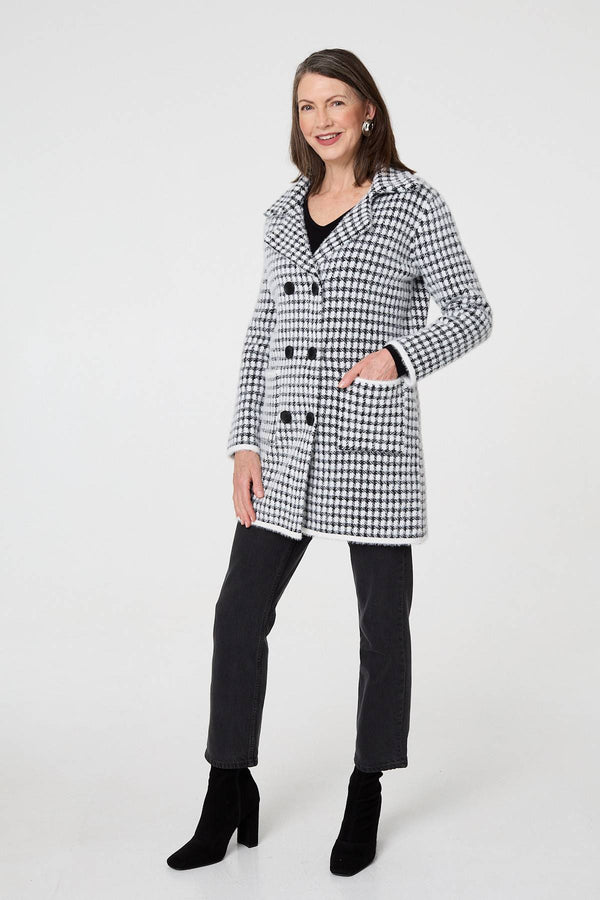 Black | Check Button Front Longline Knit Coat