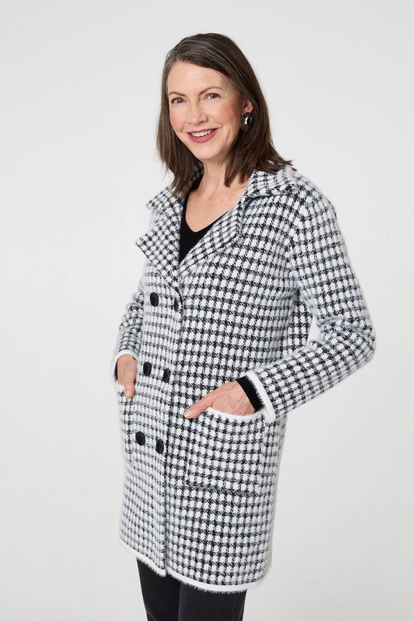 Black | Check Button Front Longline Knit Coat