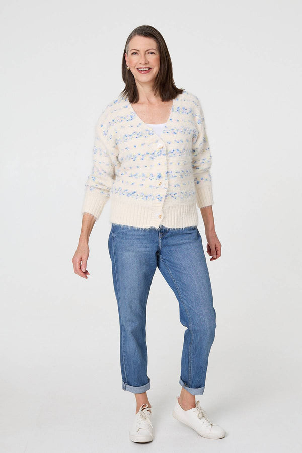 Blue | Printed Textured Knit Cardigan
