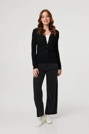 Black | Semi Sheer Heart Textured Slim Cardigan
