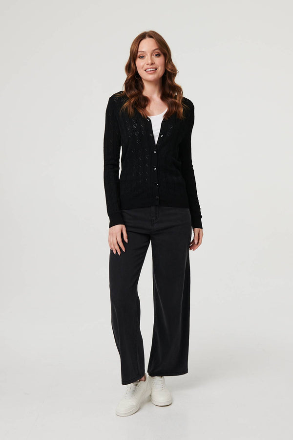Black | Semi Sheer Heart Textured Slim Cardigan
