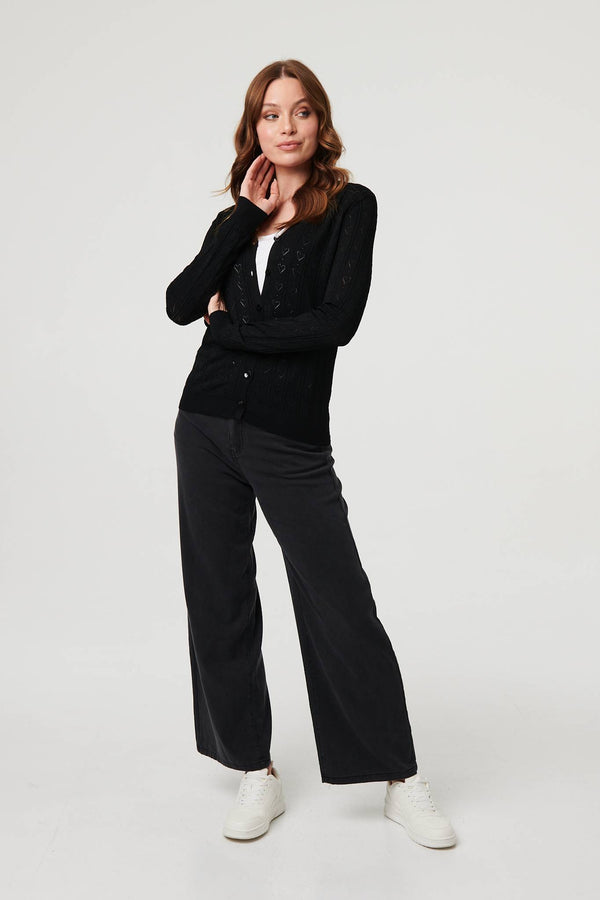 Black | Semi Sheer Heart Textured Slim Cardigan
