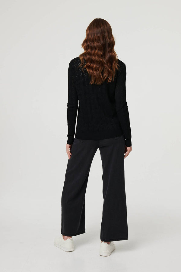 Black | Semi Sheer Heart Textured Slim Cardigan

