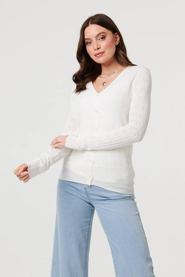 White | Semi Sheer Heart Textured Slim Cardigan : Model is 5'9"/175 cm and wears UK8/EU36/US4/AUS8