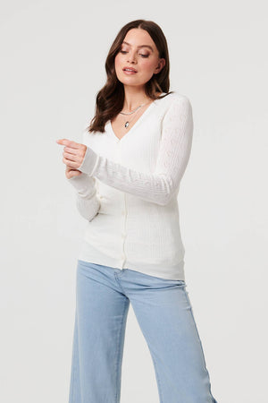 White | Semi Sheer Heart Textured Slim Cardigan
