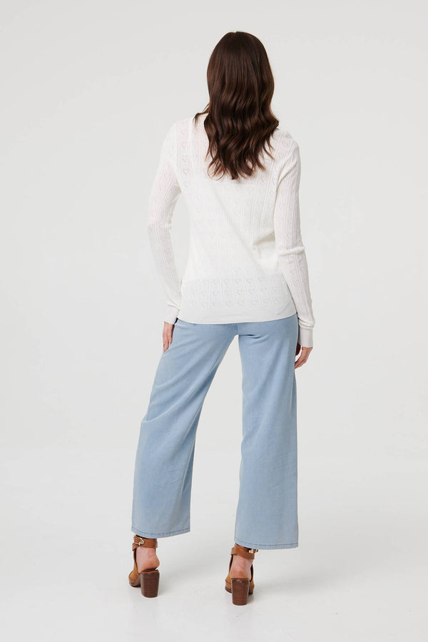 White | Semi Sheer Heart Textured Slim Cardigan
