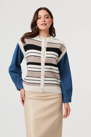 Beige | Denim Knit Contrast Texture Jacket : Model is 5'9