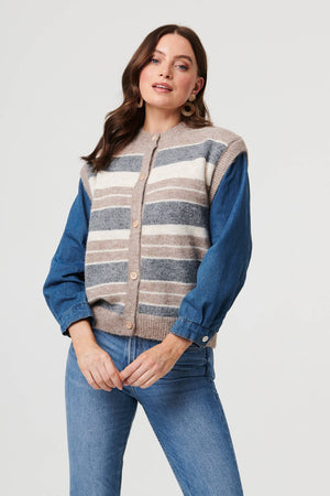 Grey | Denim Knit Contrast Texture Jacket : Model is 5'9