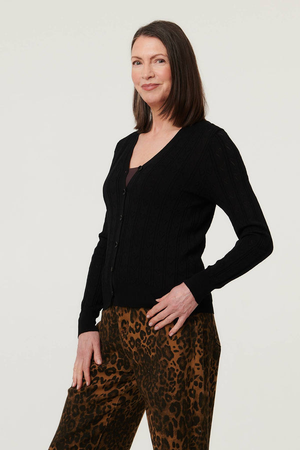 Black | Heart Textured Slim Long Sleeve Cardigan