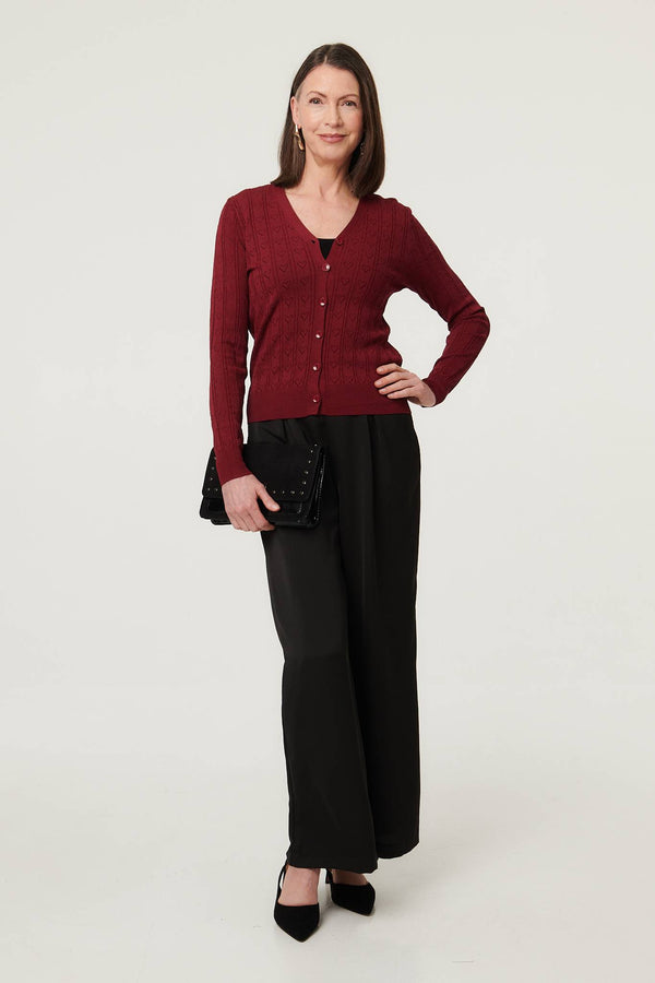 Red | Heart Textured Slim Long Sleeve Cardigan