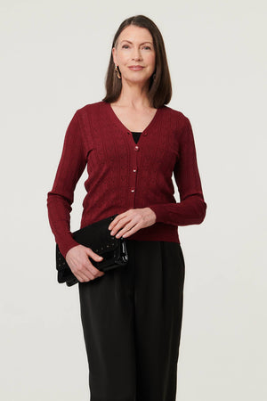 Red | Heart Textured Slim Long Sleeve Cardigan : Model is 5'8