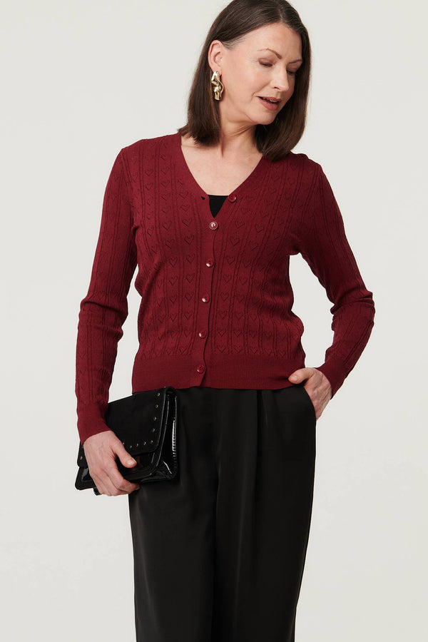 Red | Heart Textured Slim Long Sleeve Cardigan
