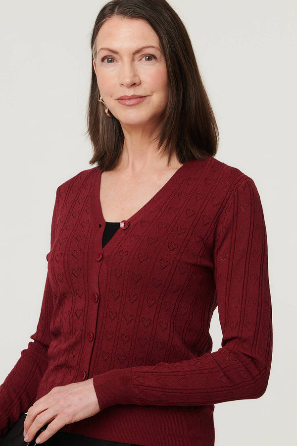 Red | Heart Textured Slim Long Sleeve Cardigan